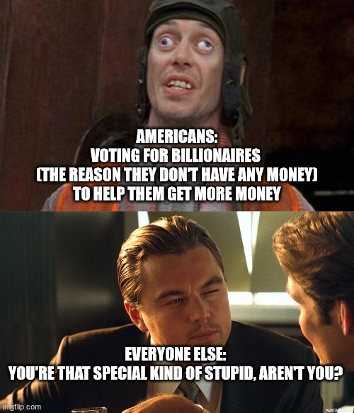 AMERICANS:
VOTING FOR BILLIONAIRES 
(THE REASON THEY DON'T HAVE ANY MONEY)
TO HELP THEM GET MORE MONEY; EVERYONE ELSE:
YOU'RE THAT SPECIAL KIND OF STUPID, AREN'T YOU? | image tagged in looks good to me,politics,trump | made w/ Imgflip meme maker