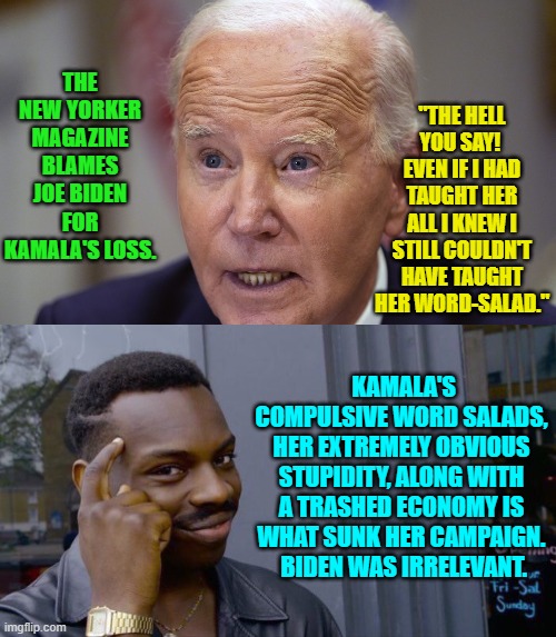 Actually a lot if things destroyed Kamala, but Biden's 'garbage' comment did help. | "THE HELL YOU SAY!  EVEN IF I HAD TAUGHT HER ALL I KNEW I STILL COULDN'T HAVE TAUGHT HER WORD-SALAD."; THE NEW YORKER MAGAZINE BLAMES JOE BIDEN FOR KAMALA'S LOSS. KAMALA'S COMPULSIVE WORD SALADS, HER EXTREMELY OBVIOUS STUPIDITY, ALONG WITH A TRASHED ECONOMY IS WHAT SUNK HER CAMPAIGN.  BIDEN WAS IRRELEVANT. | image tagged in roll safe think about it | made w/ Imgflip meme maker