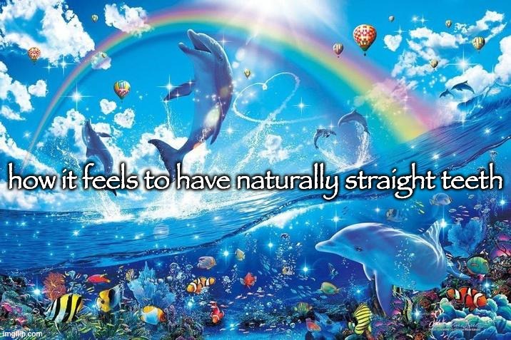 lmfao | how it feels to have naturally straight teeth | image tagged in happy dolphin rainbow | made w/ Imgflip meme maker