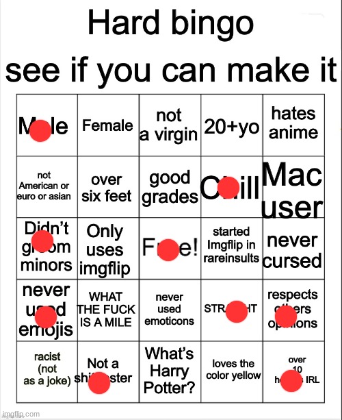Just let me say the n word or put my dick on my hair and i would get 2 bingos | image tagged in hard bingo by owu | made w/ Imgflip meme maker