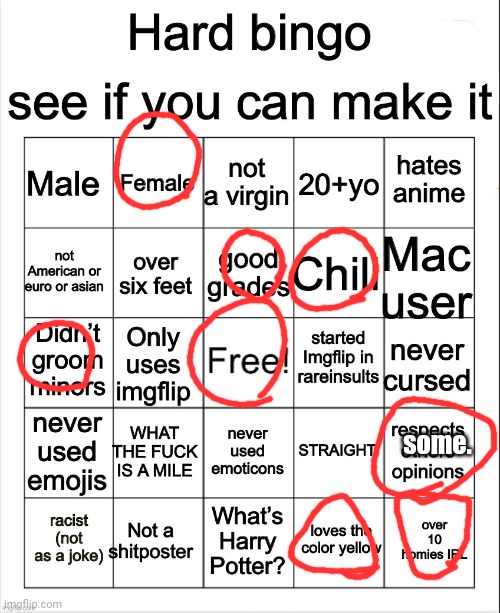 Hard Bingo by OwU | some. | image tagged in hard bingo by owu | made w/ Imgflip meme maker