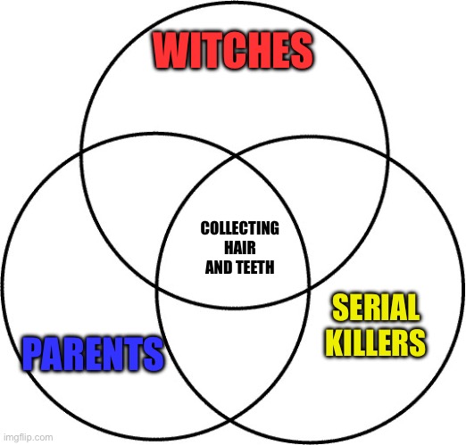 Parents vs witches vs serial killers | WITCHES; COLLECTING HAIR AND TEETH; PARENTS; SERIAL KILLERS | image tagged in venn diagram,parents,serial killer,witch,teeth,hair | made w/ Imgflip meme maker