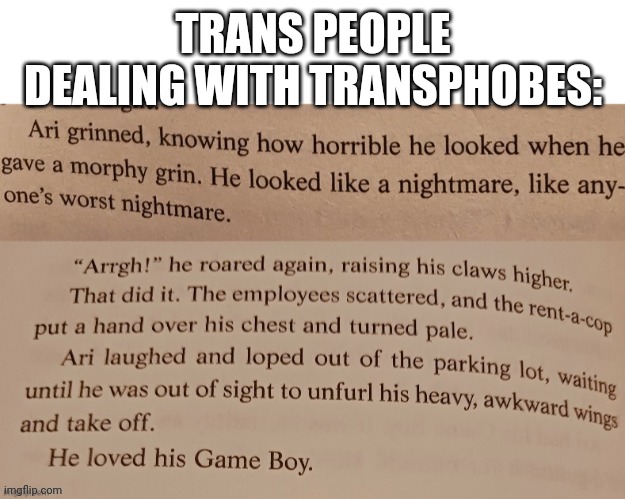 This is a temp I've been wanting to make for some time. It's from a Maximum Ride novel. | TRANS PEOPLE DEALING WITH TRANSPHOBES: | image tagged in ari loved his game boy | made w/ Imgflip meme maker