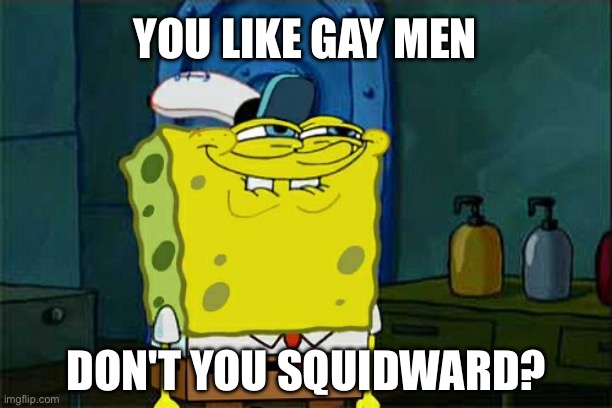 You like gay men, don’t you Squidward? | YOU LIKE GAY MEN; DON'T YOU SQUIDWARD? | image tagged in don't you squidward,spongebob squarepants,spongebob,squidward,lgbtq,gay | made w/ Imgflip meme maker