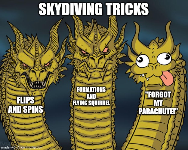 Three-headed Dragon | SKYDIVING TRICKS; FORMATIONS AND FLYING SQUIRREL; "FORGOT MY PARACHUTE!"; FLIPS AND SPINS | image tagged in three-headed dragon | made w/ Imgflip meme maker