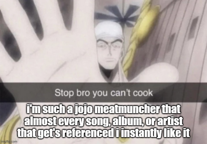 i'm such a diehard king crimson (the band) fan probably because i'm such a diehard diavolo fan | i'm such a jojo meatmuncher that almost every song, album, or artist that get's referenced i instantly like it | image tagged in stop bro you can't cook | made w/ Imgflip meme maker