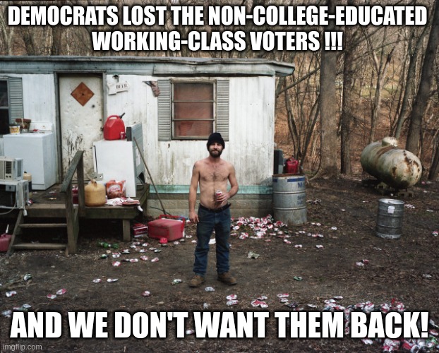 TrumpBillie | DEMOCRATS LOST THE NON-COLLEGE-EDUCATED 
WORKING-CLASS VOTERS !!! AND WE DON'T WANT THEM BACK! | image tagged in trailer trash,trumpbillies | made w/ Imgflip meme maker