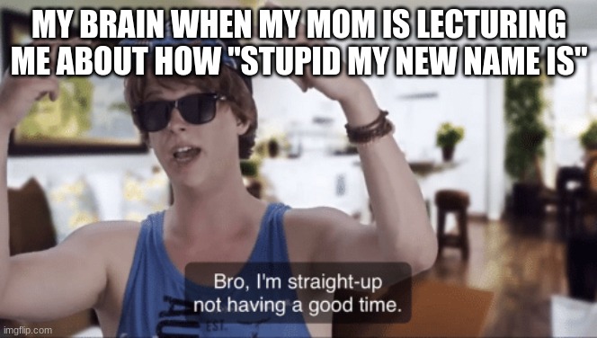 Bro, I'm straight-up not having a good time | MY BRAIN WHEN MY MOM IS LECTURING ME ABOUT HOW "STUPID MY NEW NAME IS" | image tagged in bro i'm straight-up not having a good time | made w/ Imgflip meme maker