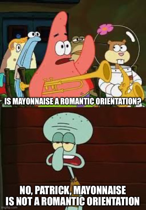 Is mayonnaise a romantic orientation? | IS MAYONNAISE A ROMANTIC ORIENTATION? NO, PATRICK, MAYONNAISE IS NOT A ROMANTIC ORIENTATION | image tagged in is mayonnaise an instrument,spongebob,spongebob squarepants,patrick star,squidward,lgbtq | made w/ Imgflip meme maker