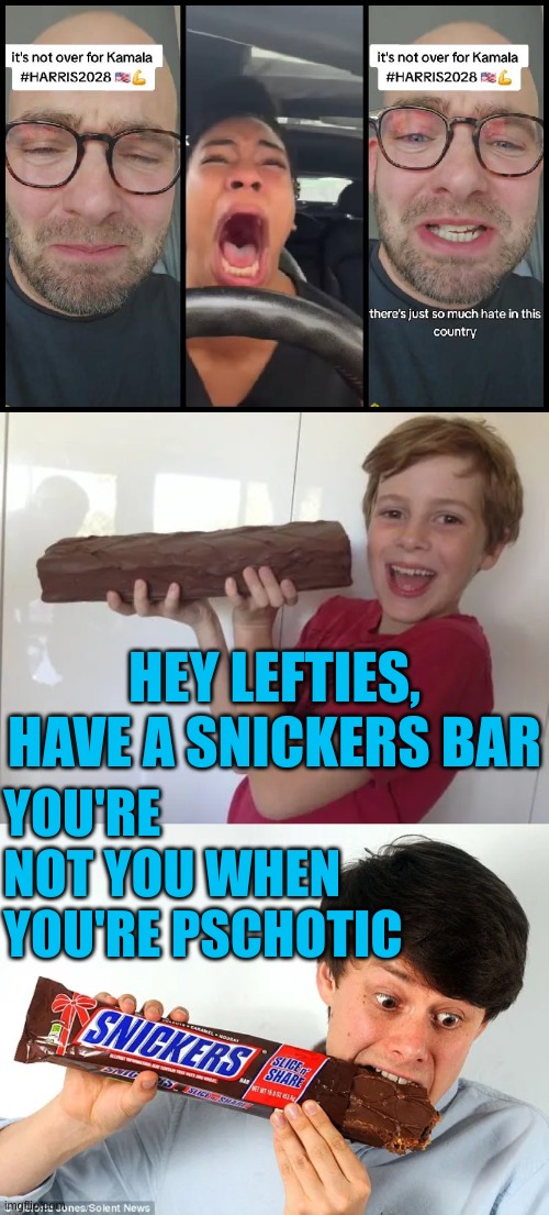 You're gonna need a bigger Snickers Bar | HEY LEFTIES, HAVE A SNICKERS BAR; YOU'RE NOT YOU WHEN YOU'RE PSCHOTIC | image tagged in lefties losing it | made w/ Imgflip meme maker