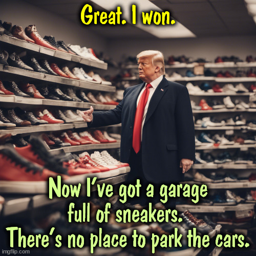 Great. I won. Now I've got a garage full of sneakers. 
There's no place to park the cars. | image tagged in trump,sneakers,shoe,salesman | made w/ Imgflip meme maker