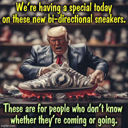 We're having a special today on these new bi-directional sneakers. These are for people who don't know 
whether they're coming or going. | image tagged in trump,sneakers,shoe,salesman | made w/ Imgflip meme maker