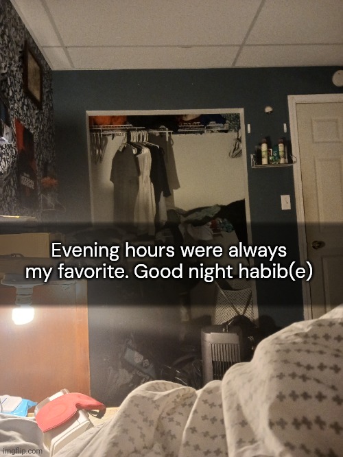 The word "habib" is Arabic for something like "darling". Mitra and I made up the gender neutral version. I just butchered it ? | Evening hours were always my favorite. Good night habib(e) | made w/ Imgflip meme maker