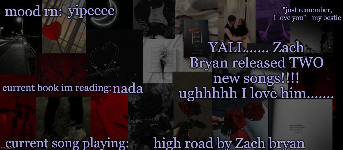 eeeekkkkkkkk | yipeeee; YALL...... Zach Bryan released TWO new songs!!!! ughhhhh I love him....... nada; high road by Zach bryan | image tagged in eek_ temp 3 | made w/ Imgflip meme maker