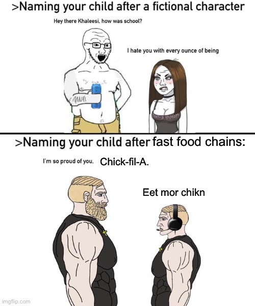 Naming your child after | fast food chains:; Chick-fil-A. Eet mor chikn | image tagged in naming your child after | made w/ Imgflip meme maker