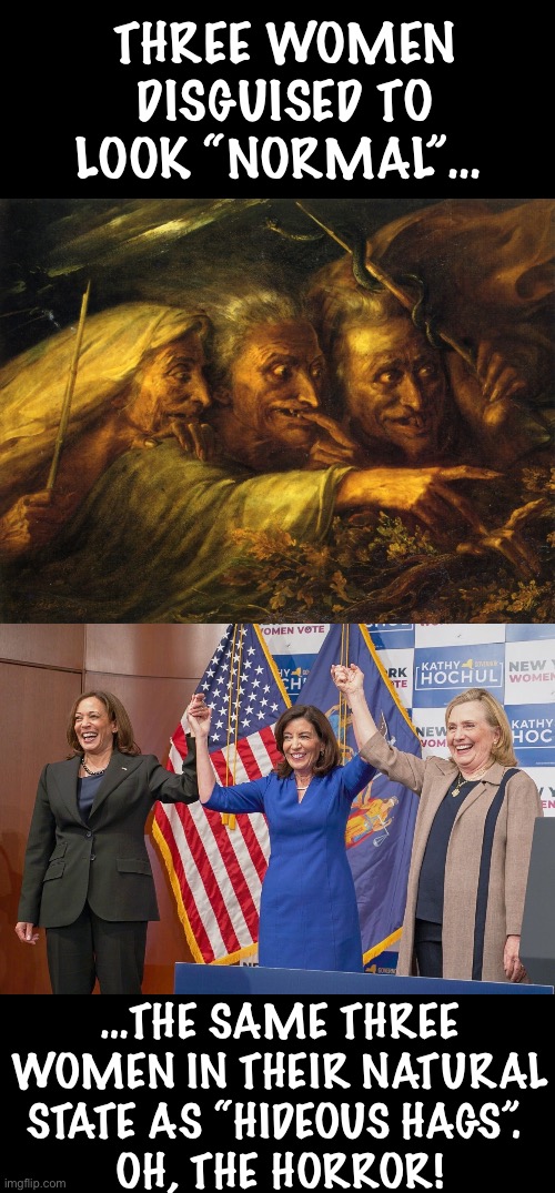 THREE WOMEN DISGUISED TO LOOK “NORMAL”…; …THE SAME THREE WOMEN IN THEIR NATURAL STATE AS “HIDEOUS HAGS”. 
OH, THE HORROR! | made w/ Imgflip meme maker