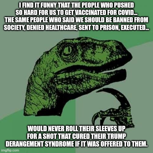 The real pandemic was radical liberalism spreading like a wildfire. And do we lockdown for *THAT?* No. | I FIND IT FUNNY THAT THE PEOPLE WHO PUSHED SO HARD FOR US TO GET VACCINATED FOR COVID... THE SAME PEOPLE WHO SAID WE SHOULD BE BANNED FROM SOCIETY, DENIED HEALTHCARE, SENT TO PRISON, EXECUTED... WOULD NEVER ROLL THEIR SLEEVES UP FOR A SHOT THAT CURED THEIR TRUMP DERANGEMENT SYNDROME IF IT WAS OFFERED TO THEM. | image tagged in memes,philosoraptor | made w/ Imgflip meme maker