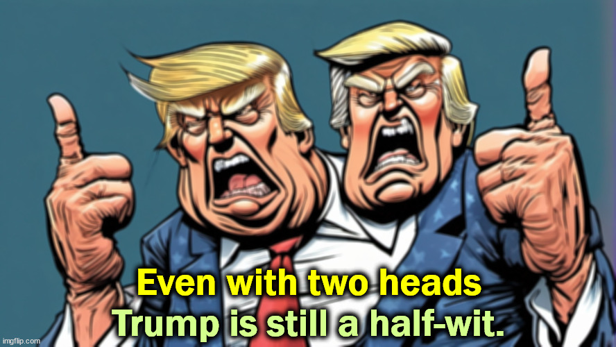 Even with two heads; Trump is still a half-wit. | image tagged in trump,idiot,stupid,dummy,fool,ignorant | made w/ Imgflip meme maker