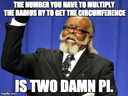 Two Damn Pi | THE NUMBER YOU HAVE TO MULTIPLY THE RADIUS BY TO GET THE CIRCUMFERENCE IS TWO DAMN PI. | image tagged in memes,too damn high,funny,parody,math | made w/ Imgflip meme maker