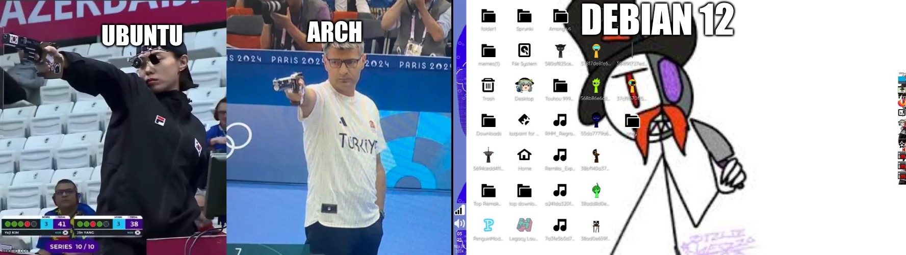 i win in smooth OS contest (i don't use mac) | UBUNTU; ARCH; DEBIAN 12 | image tagged in korea turkey olympic shooter | made w/ Imgflip meme maker