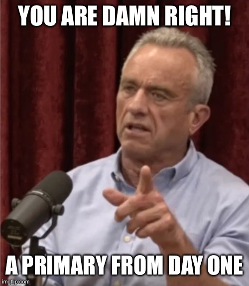 RFK Debate Me | YOU ARE DAMN RIGHT! A PRIMARY FROM DAY ONE | image tagged in rfk debate me | made w/ Imgflip meme maker