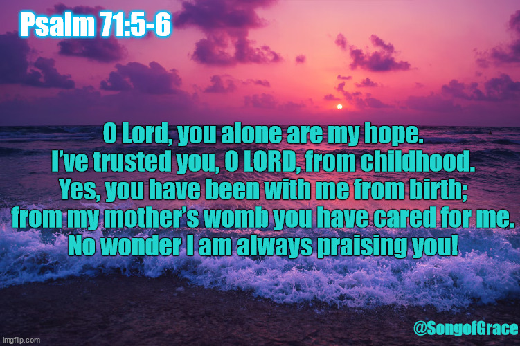 Psalm 71:5-6 | Psalm 71:5-6; O Lord, you alone are my hope.
I’ve trusted you, O LORD, from childhood.
Yes, you have been with me from birth;
from my mother’s womb you have cared for me.
No wonder I am always praising you! @SongofGrace | image tagged in biblical encouragement | made w/ Imgflip meme maker