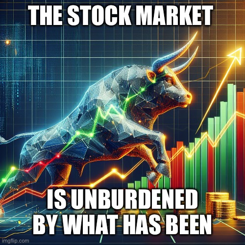 Bullish stock market | THE STOCK MARKET; IS UNBURDENED BY WHAT HAS BEEN | image tagged in bullish stock market,unburdened,biden,harris,what has been | made w/ Imgflip meme maker