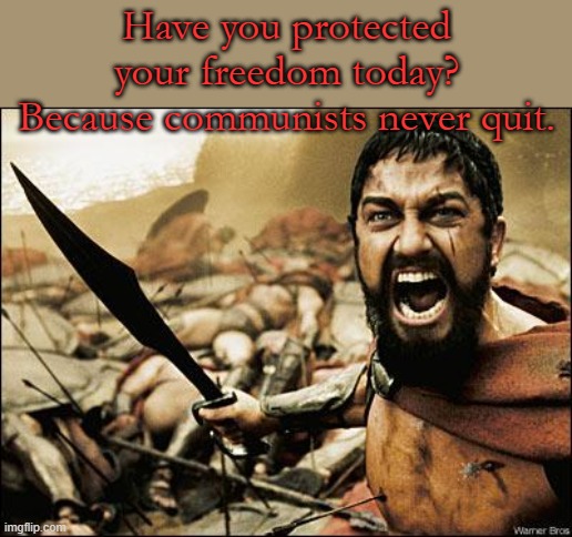 Yes, we won an election, That does not mean we are finished here. | Have you protected your freedom today? Because communists never quit. | image tagged in spartan leonidas | made w/ Imgflip meme maker