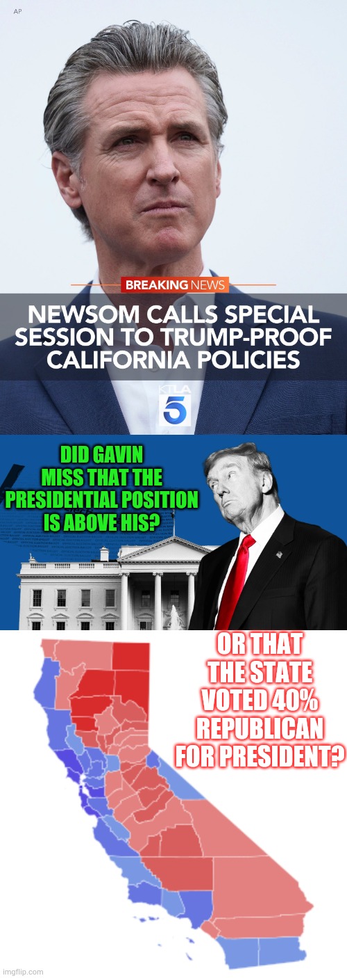 Here We Go Again | DID GAVIN MISS THAT THE PRESIDENTIAL POSITION IS ABOVE HIS? OR THAT THE STATE VOTED 40% REPUBLICAN FOR PRESIDENT? | image tagged in memes,politics,gavin,may god forgive you but i won't,teamwork,donald trump | made w/ Imgflip meme maker