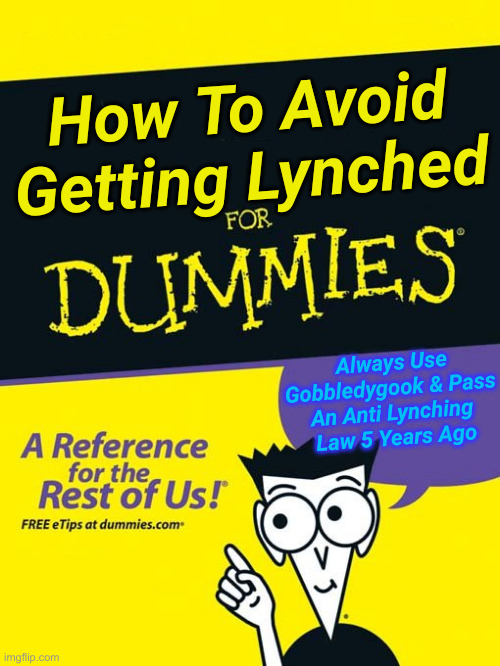 For dummies book | How To Avoid Getting Lynched Always Use Gobbledygook & Pass 
An Anti Lynching 
Law 5 Years Ago | image tagged in for dummies book | made w/ Imgflip meme maker