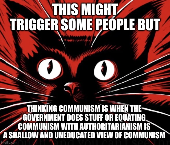 Don't be shallow | THIS MIGHT TRIGGER SOME PEOPLE BUT; THINKING COMMUNISM IS WHEN THE GOVERNMENT DOES STUFF OR EQUATING COMMUNISM WITH AUTHORITARIANISM IS A SHALLOW AND UNEDUCATED VIEW OF COMMUNISM | image tagged in sabo tabby cat,communism,socialism | made w/ Imgflip meme maker