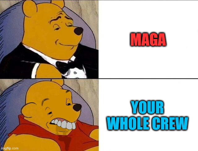 Tuxedo Winnie the Pooh grossed reverse | MAGA YOUR WHOLE CREW | image tagged in tuxedo winnie the pooh grossed reverse | made w/ Imgflip meme maker