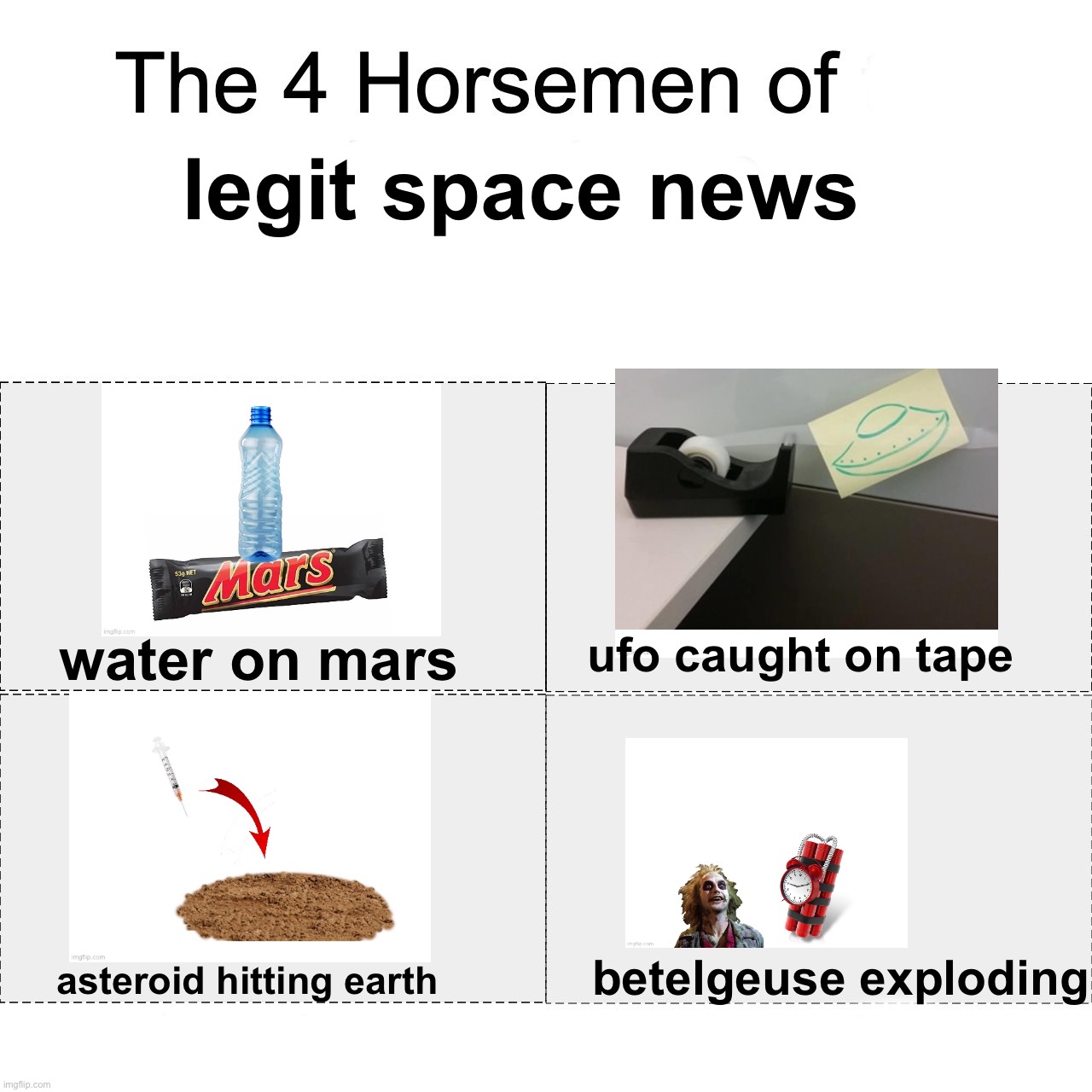 nasa is shocked | legit space news; water on mars; ufo caught on tape; asteroid hitting earth; betelgeuse exploding | image tagged in four horsemen,memes,funny,nasa,space,seems legit | made w/ Imgflip meme maker