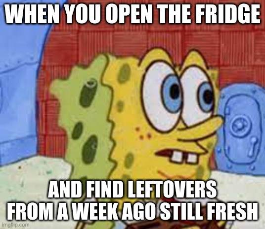 ai meme | WHEN YOU OPEN THE FRIDGE; AND FIND LEFTOVERS FROM A WEEK AGO STILL FRESH | image tagged in spongebob flabbergasted | made w/ Imgflip meme maker