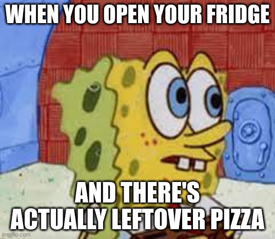 ai meme 7 | WHEN YOU OPEN YOUR FRIDGE; AND THERE'S ACTUALLY LEFTOVER PIZZA | image tagged in spongebob flabbergasted | made w/ Imgflip meme maker