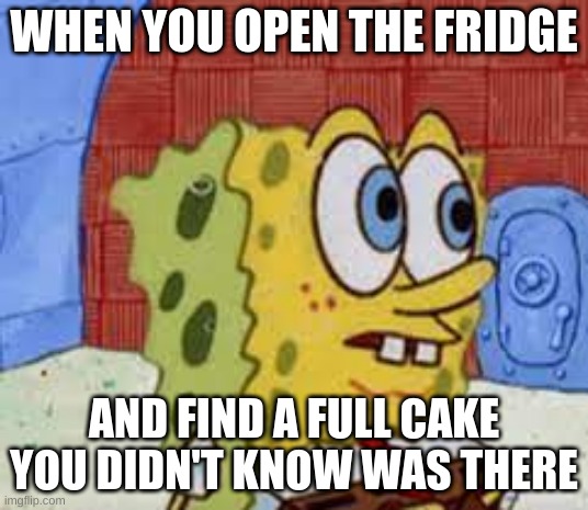 ai meme 8 | WHEN YOU OPEN THE FRIDGE; AND FIND A FULL CAKE YOU DIDN'T KNOW WAS THERE | image tagged in spongebob flabbergasted | made w/ Imgflip meme maker