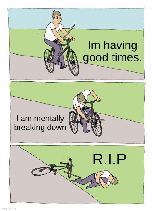 Bike Fall Meme | Im having good times. I am mentally breaking down; R.I.P | image tagged in memes,bike fall | made w/ Imgflip meme maker