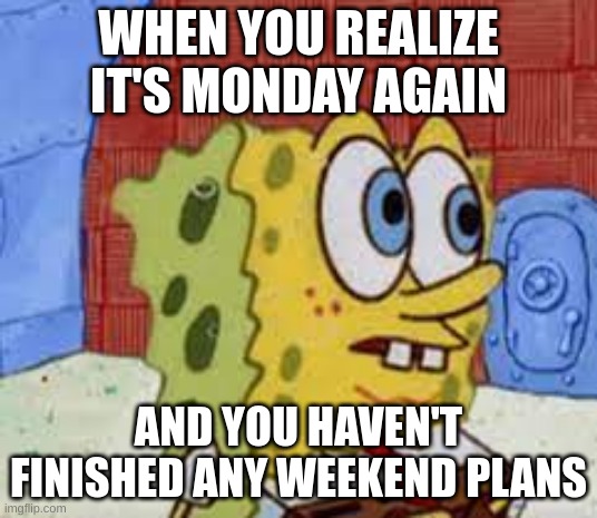 ai meme 9 | WHEN YOU REALIZE IT'S MONDAY AGAIN; AND YOU HAVEN'T FINISHED ANY WEEKEND PLANS | image tagged in spongebob flabbergasted | made w/ Imgflip meme maker