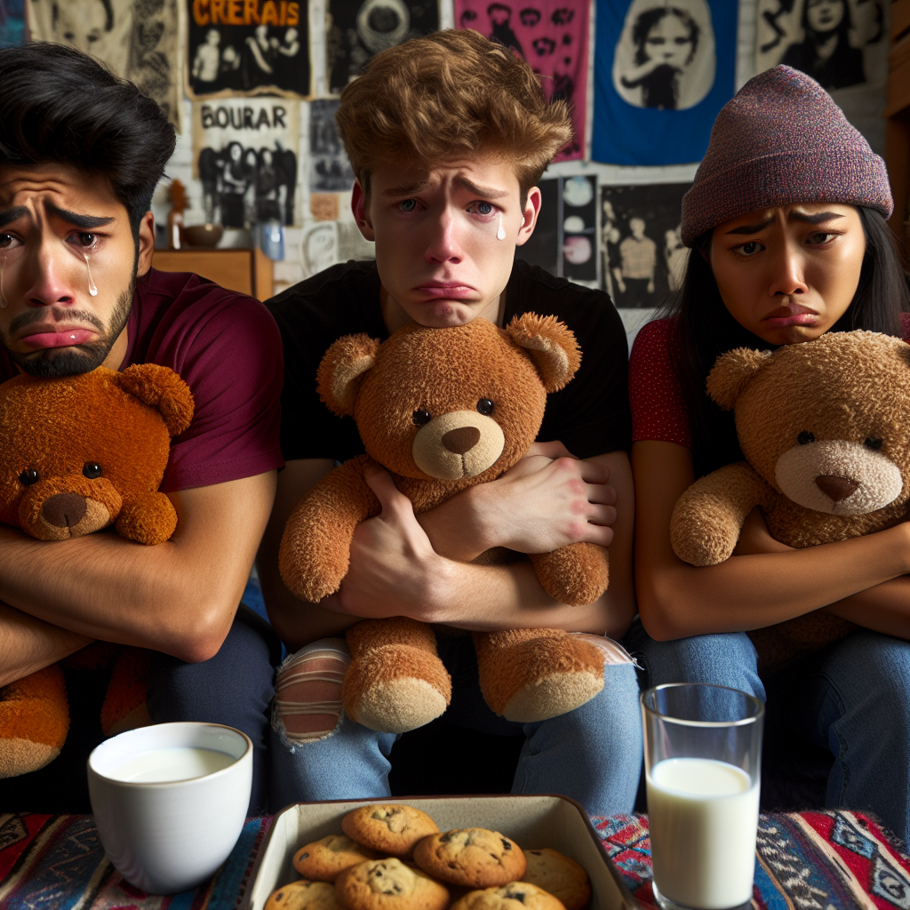 sobbing college students teddy bears and eating cookies with mil Blank Meme Template