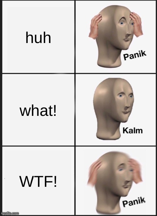 Panik Kalm Panik Meme | huh; what! WTF! | image tagged in memes,panik kalm panik | made w/ Imgflip meme maker