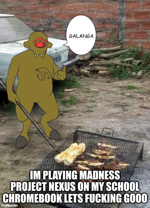 GALANGA | IM PLAYING MADNESS PROJECT NEXUS ON MY SCHOOL CHROMEBOOK LETS FUCKING GOOO | image tagged in galanga | made w/ Imgflip meme maker