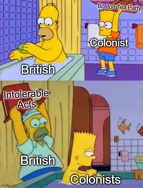 Intolerable Acts | Boston Tea Party; Colonist; British; Intolerable Acts; British; Colonists | image tagged in homer s revenge fixed textboxes | made w/ Imgflip meme maker