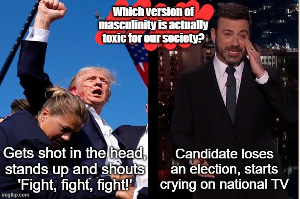 Toxic Masculinity? Which one? | Which version of masculinity is actually toxic for our society? | image tagged in assasination,cuck,late night,election,trump,jimmy kimmel | made w/ Imgflip meme maker