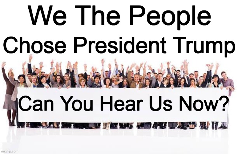 We The People; Chose President Trump; Can You Hear Us Now? | image tagged in we the people,the silent majority,president trump,donald trump,can you hear us now,americans | made w/ Imgflip meme maker