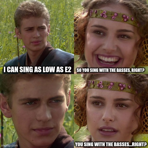 I, in fact, can go up to G4-G#4 and sing Tenor 2 | I CAN SING AS LOW AS E2; SO YOU SING WITH THE BASSES, RIGHT? YOU SING WITH THE BASSES...RIGHT? | image tagged in anakin padme 4 panel | made w/ Imgflip meme maker