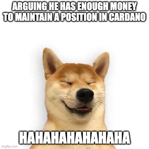 cardano haha | ARGUING HE HAS ENOUGH MONEY TO MAINTAIN A POSITION IN CARDANO; HAHAHAHAHAHAHA | image tagged in hahadog | made w/ Imgflip meme maker