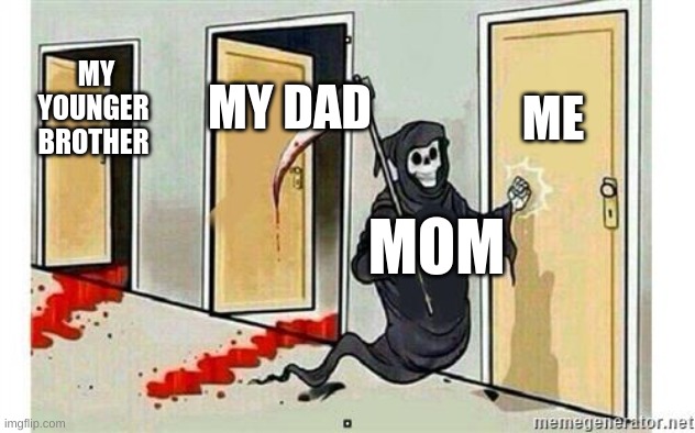 their bad day | ME; MY DAD; MY YOUNGER BROTHER; MOM | image tagged in grim reaper knocking door | made w/ Imgflip meme maker