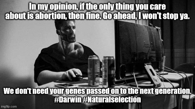 Ragebait #2, Gonna ruin any future I have in politics with this one | In my opinion, if the only thing you care about is abortion, then fine. Go ahead, I won't stop ya. We don't need your genes passed on to the next generation.
#Darwin #Naturalselection | image tagged in gigachad on the computer,abortion | made w/ Imgflip meme maker