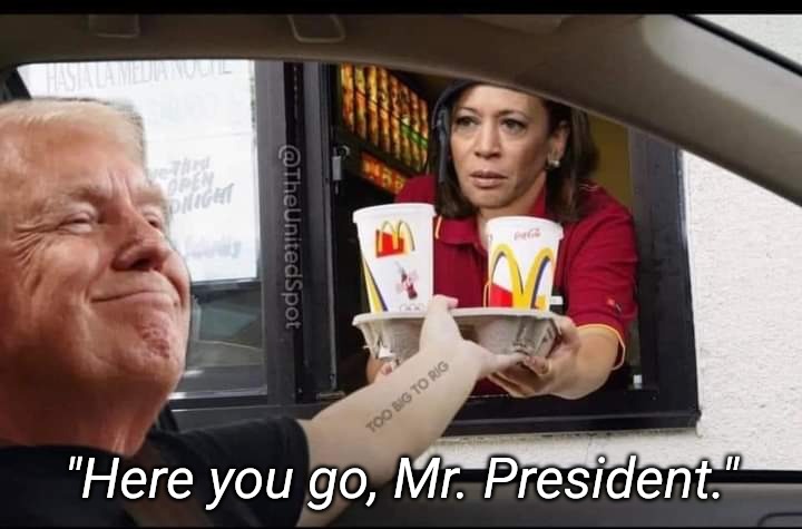 Looks about right. | "Here you go, Mr. President." | image tagged in memes,donald trump,kamala harris,mcdonald's,lol | made w/ Imgflip meme maker