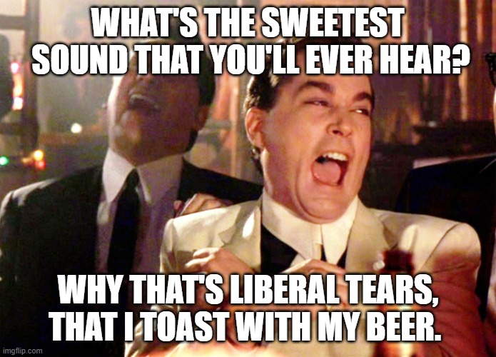 Good Fellas Hilarious | WHAT'S THE SWEETEST 
SOUND THAT YOU'LL EVER HEAR? WHY THAT'S LIBERAL TEARS, THAT I TOAST WITH MY BEER. | image tagged in memes,good fellas hilarious | made w/ Imgflip meme maker